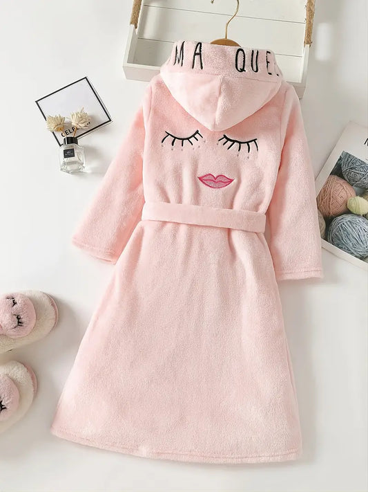 Cozy Girl's Plush Hooded Bathrobe with Embroidered Eyes and Mouth, Long Sleeves, and Belt - Perfect for Snuggling Up After Bath Time!