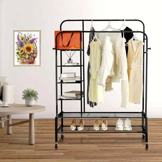 1pc Double Rod Clothes Drying Rack With Shoe Rack, Free Standing Garment Rack With Hooks & Wheels For Hats, Durable Clothes Storage Organizer For Bedroom, Living Room, Balcony, Home, Dorm