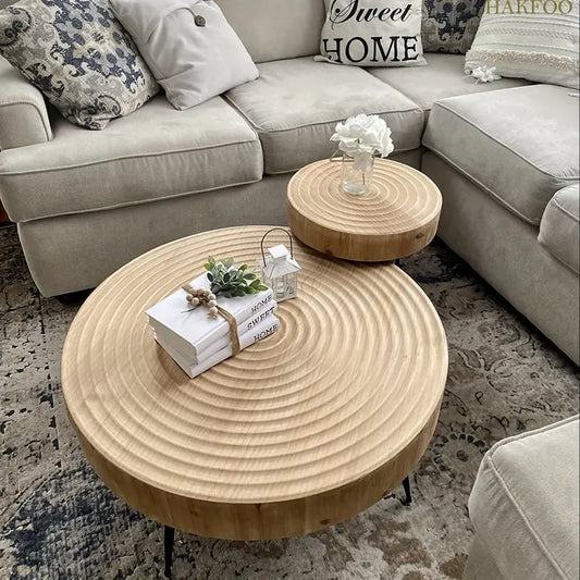 2pcs Rustic Wooden Coffee Table Set, Bohemian Nesting Tables With Natural Finish, Contemporary Round Living Room Table Duo, Farmhouse Side & Coffee Table Combo