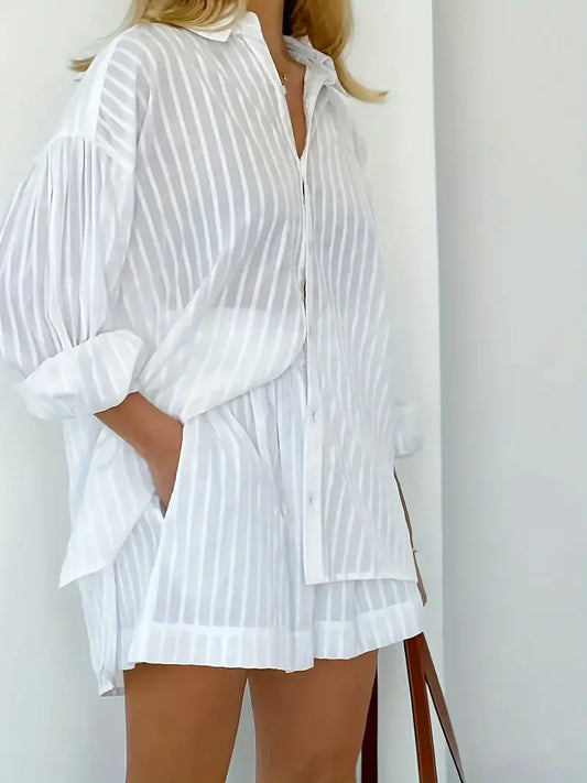 Casual Two-piece Set, Button Front Long Sleeve Shirt & Shorts With Pockets Outfits, Women's Clothing