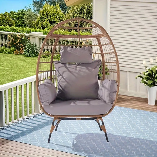 Wicker Egg Chair, Oversized Indoor Outdoor Lounger for Patio, Backyard, Living Room w/ 5 Cushions, Steel Frame, - Light Grey Able to fit a variety of living space styles and settings