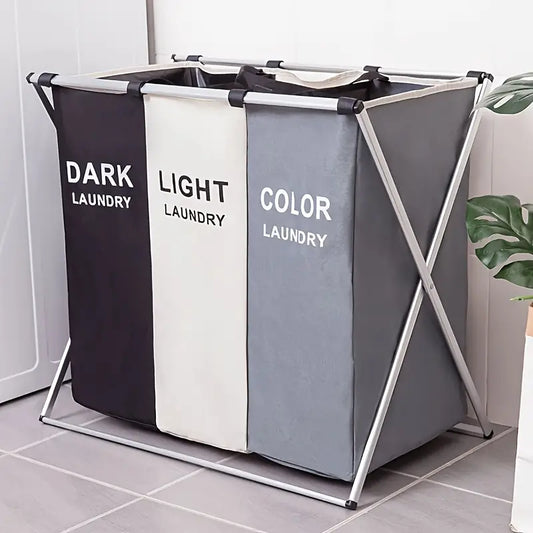 Foldable Laundry Basket with 3 Sections, Waterproof Oxford Bags, and Aluminum Frame