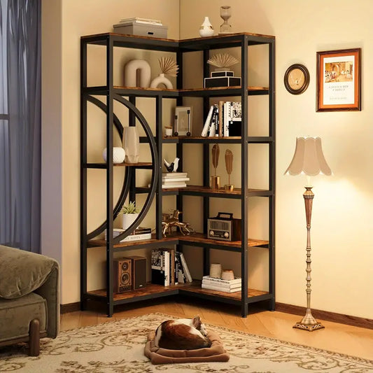 1pc Wooden Bookshelf, Industrial Corner Bookcase, L Shaped Corner Bookcase, 6 Tiers Storage Rack, For Living Room Bedroom Office, Modern Bookcase, Small Space Bookshelf, Multifunctional Bookshelf, Brown