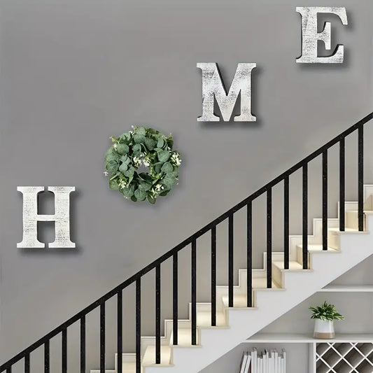 Set, Distressed HOME Sign Rustic Farmhouse Wooden Letters With Artificial Eucalyptus Wreath