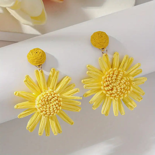 Boho Vacation Style Hand-woven Raffia Sun Flower Dangle Earrings Beach Style Mother's Day Gift